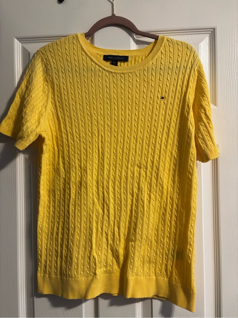 Tommy Hilfiger Bright Yellow Short-Sleeve Cable-Knit Crewneck Sweater